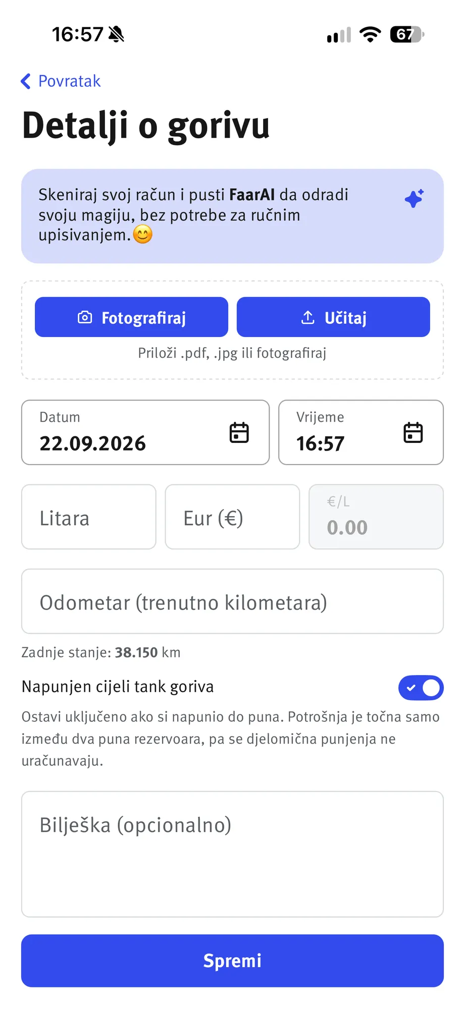 Obrazac za novo točenje, s opcijom da FaarAI očita račun