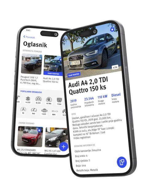 Garages in the Faar app, on two phones