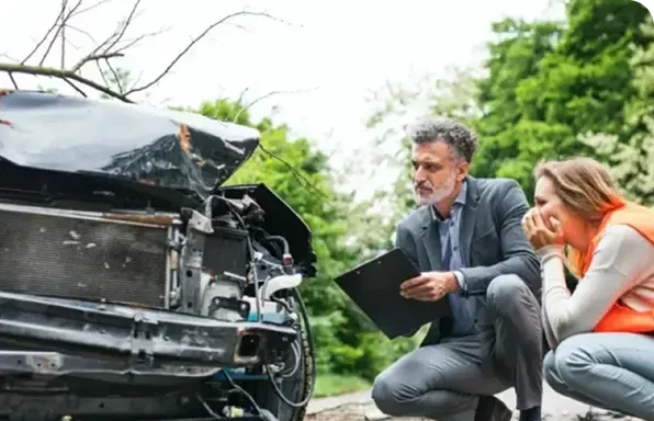 Procjenitelj i vozačica s tabletom pregledavaju oštećeni automobil na cesti