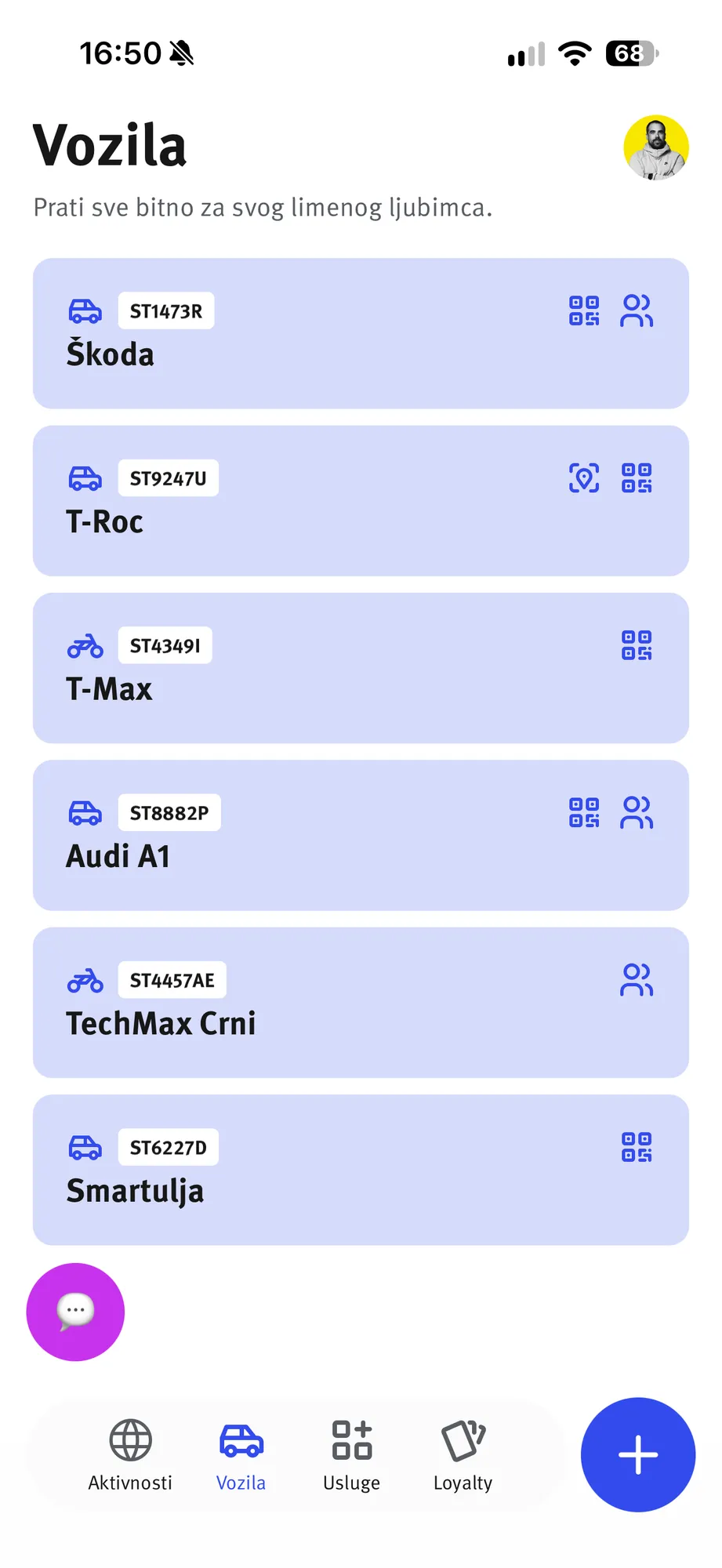 Popis vozila u digitalnoj garaži aplikacije Faar