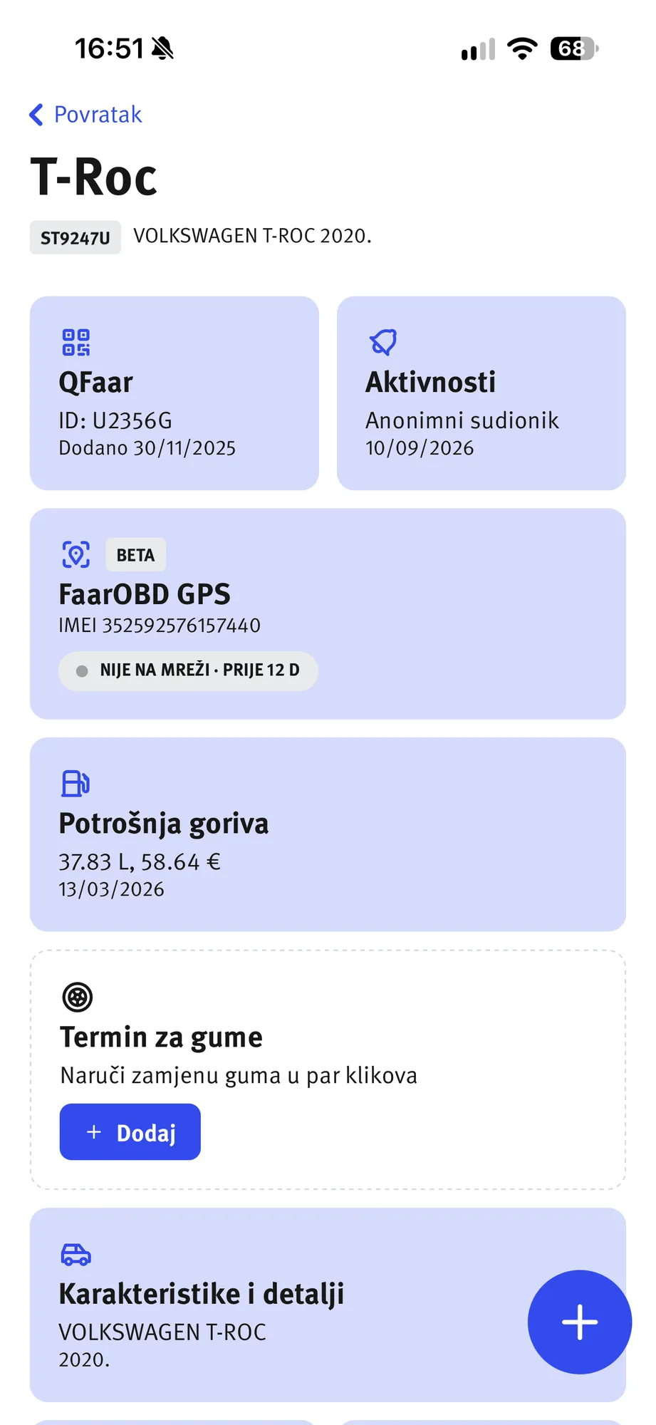 Profil jednog vozila s QFaarom, praćenjem, potrošnjom goriva i tehničkim podacima