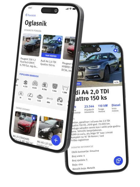 Vehicle marketplace in the Faar app, on two phones