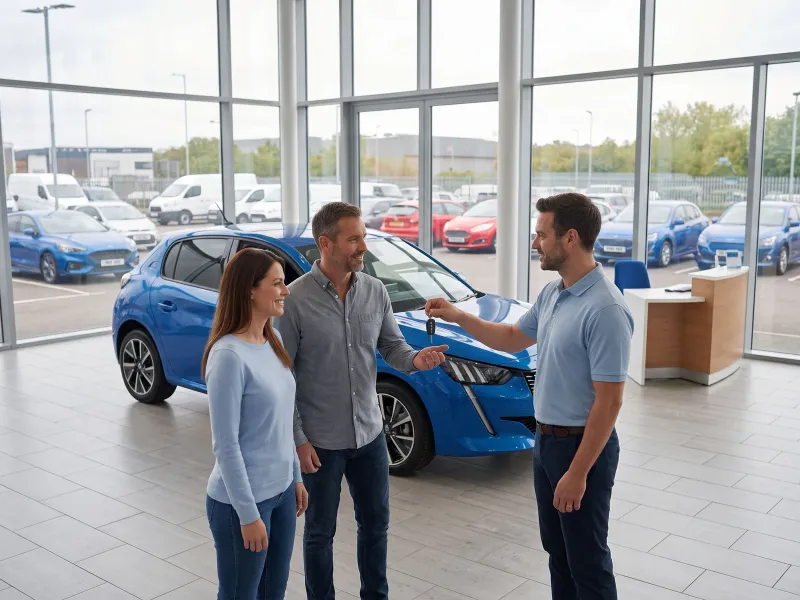 Prodavač predaje ključeve novog automobila kupcima u salonu