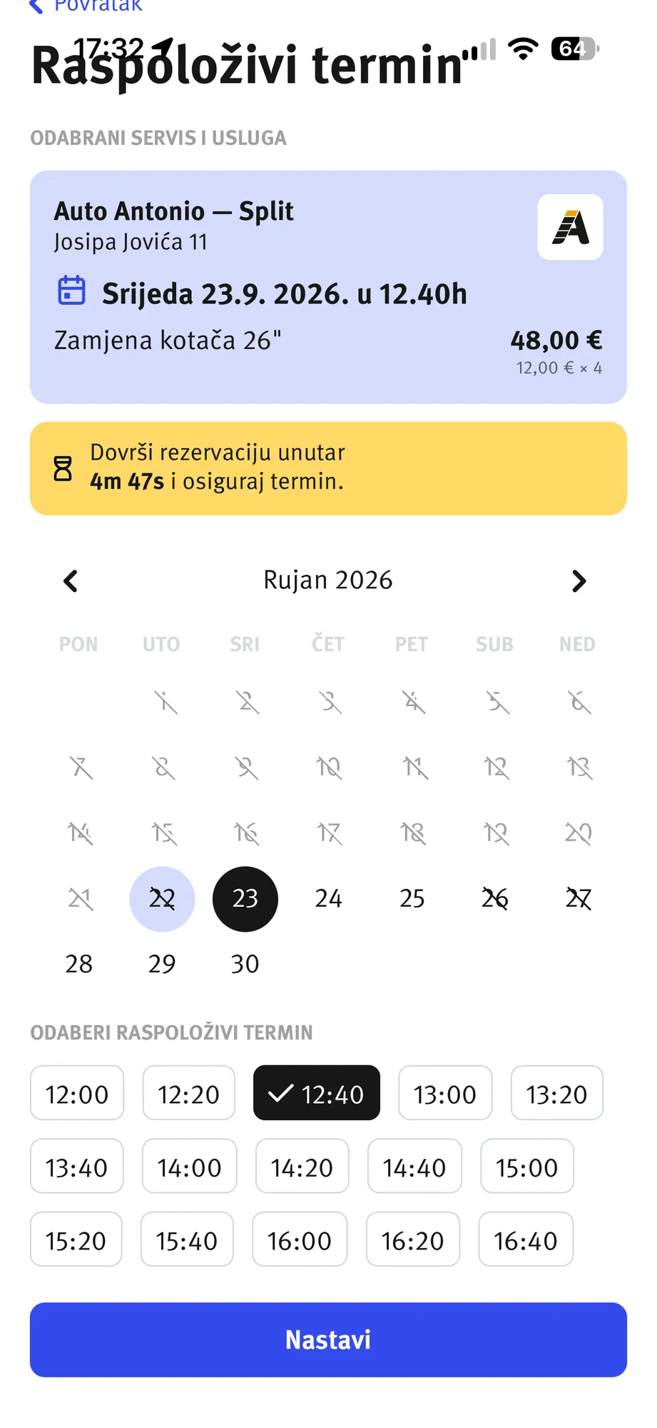 Odabir termina za zamjenu guma u kalendaru, uz odabrani servis i vozilo