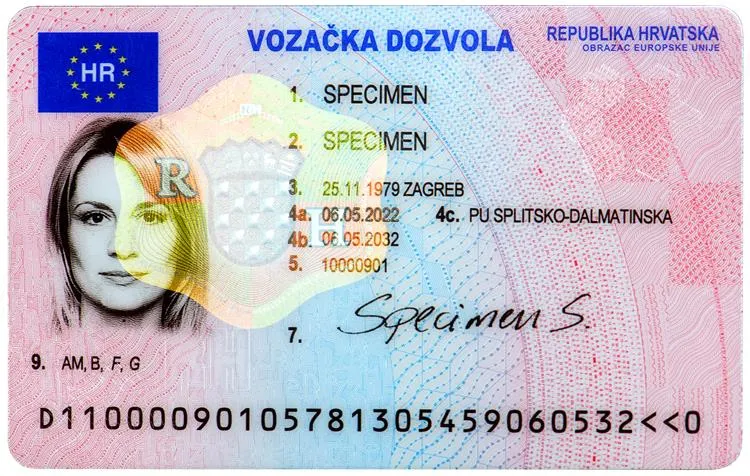 Primjerak hrvatske vozačke dozvole iz 2023. s oznakom SPECIMEN